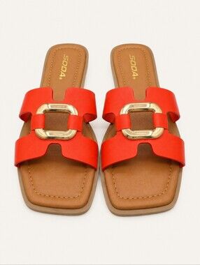 SODA FENG-S Orange Gold Buckle Square Toe Slide Sandals Size 7 NWT Resort Summer